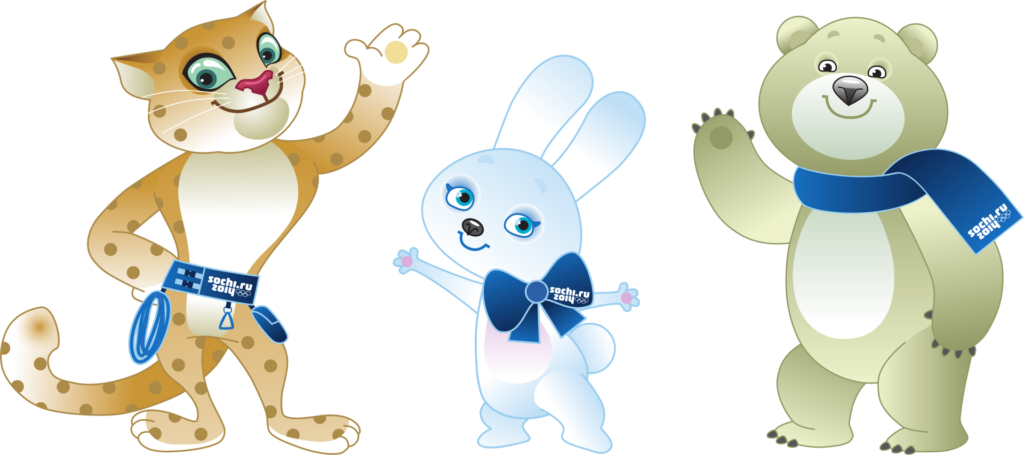 Maskottchen der Olympischen Winterspiele 2014, Leopard, Eisbär und Hase (Quelle: Wiki)
