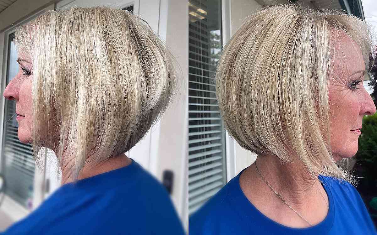 Klassischer umgekehrter Schnitt auf kurzen blonden Haaren für Damen ab 50