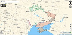 Eine digitale Karte der Ukraine mit den am 25. April 2022 von Russland besetzten Gebieten in Rot und den von der Ukraine zurückeroberten Gebieten in Blau und Grün
