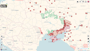 Eine digitale Karte der Ukraine mit den am 22. April 2023 von Russland besetzten Gebieten in Rot und den von der Ukraine zurückeroberten Gebieten in Grün