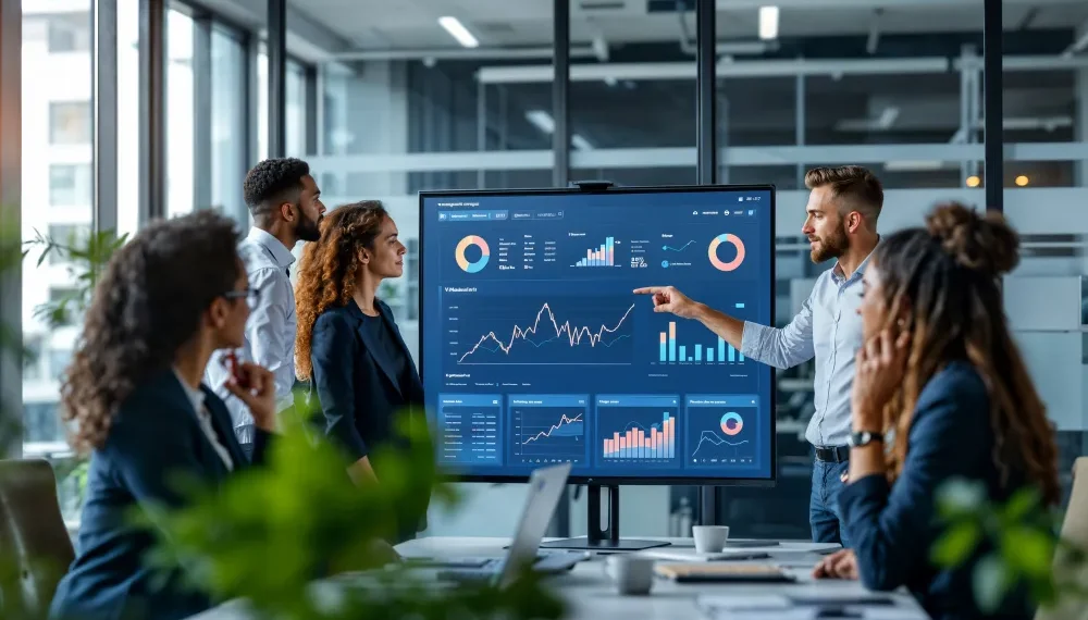 Team analysiert Marketingdaten auf einem Bildschirm mit KI-gestützten Diagrammen