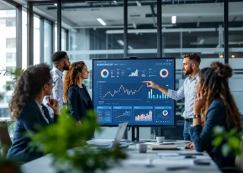 Team analysiert Marketingdaten auf einem Bildschirm mit KI-gestützten Diagrammen