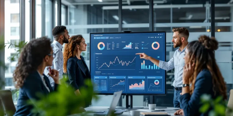 Team analysiert Marketingdaten auf einem Bildschirm mit KI-gestützten Diagrammen