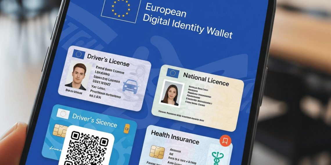 EUDI Wallet – Die digitale Identität für Europa im Detail 1 Smartphone mit geöffneter EUDI Wallet App, die digitale Ausweise wie Führerschein, nationale Lizenz und Krankenversicherungskarte anzeigt.