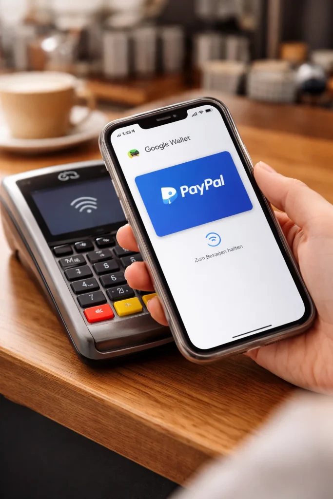 PayPal Google Wallet kontaktlos bezahlen Smartphone am Kartenlesegerät im Café